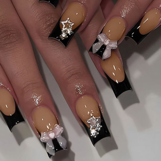 Chic Starry Night Long Square Black and Beige Press On Nail Set with Bows and Glitter Accents