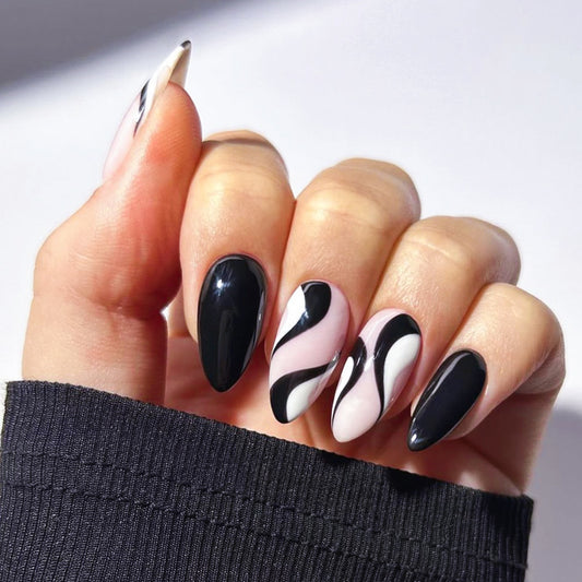 Chic Geometric Long Almond Black and Pink Swirl Press On Nail Set Perfect for Trendy Nail Art Enthusiasts