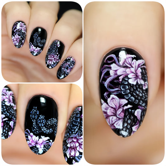 Floral Elegance Short Almond Black Press On Nail Set with Purple Flower Accents