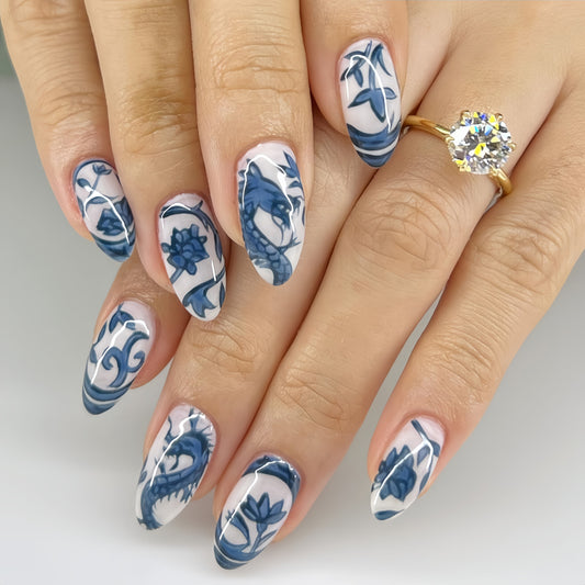 Chinoiserie Charm Long Almond Press On Nail Set in Elegant Blue Floral Design