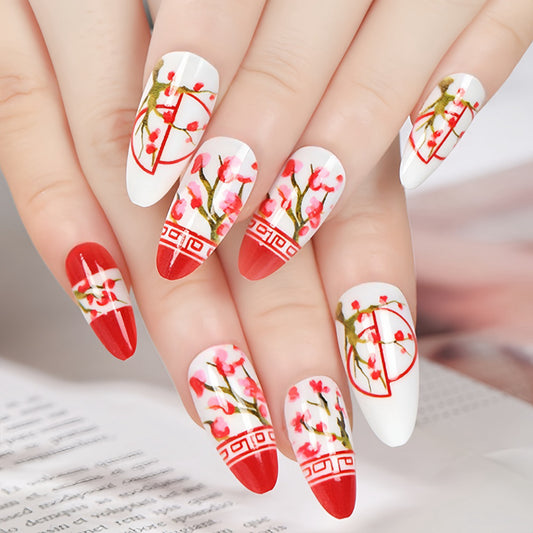 Springtime Elegance Extra Long Almond Press On Nails in Floral Red and White with Geometric Accents