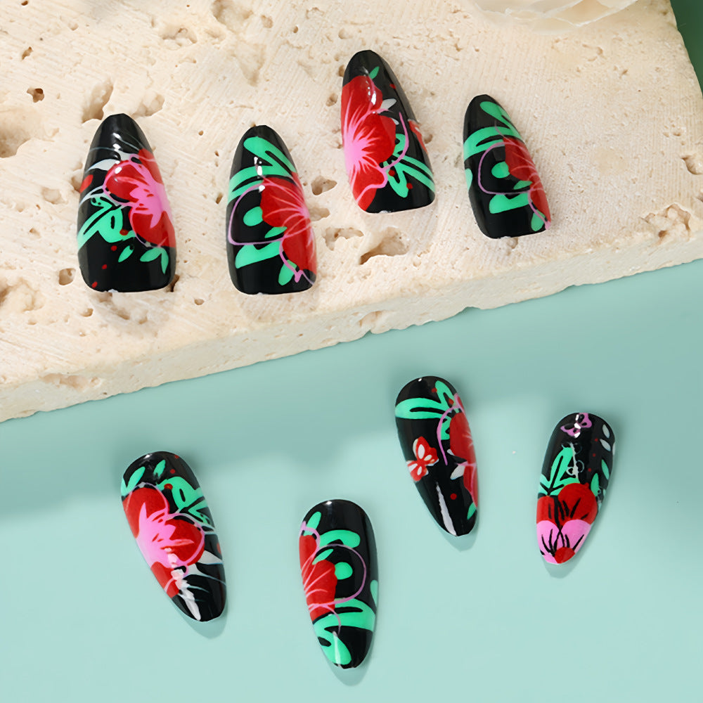 Tropical Paradise Long Almond Press On Nail Set Black Red and Green Floral Design Unique Matte Finish