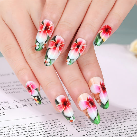 Tropical Paradise Long Almond Shaped Floral Press On Nail Set in vibrant pink and green with glossy finish