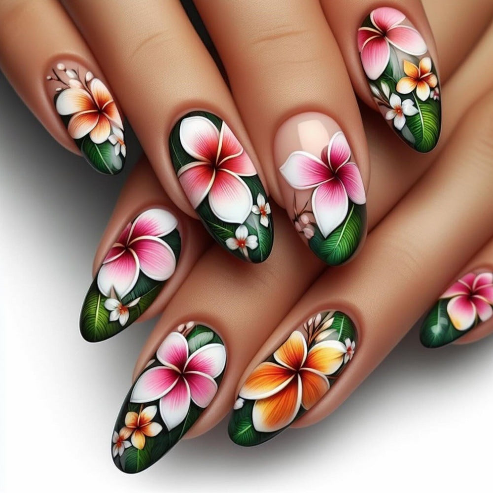 Tropical Paradise Long Almond Press On Nails in Vibrant Pink and Orange with Floral Art Design