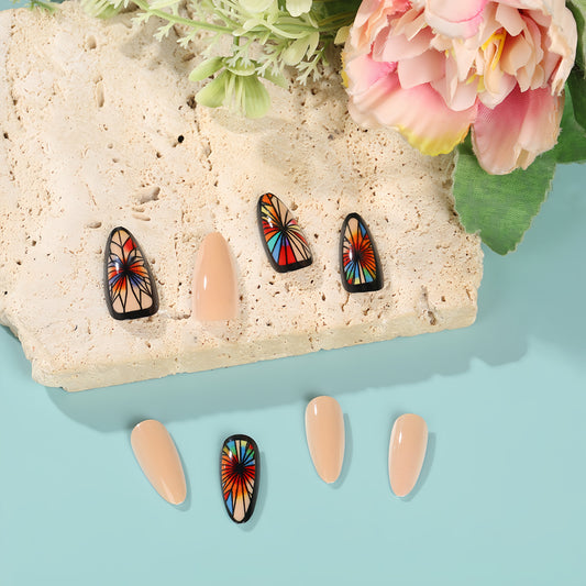 Vibrant Garden Almond Shaped Long Multicolor and Beige Press On Nail Set with Unique Floral Design