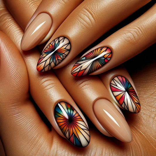 Bohemian Chic Long Almond Shaped Multicolor Press On Nail Set with Geometric Patterns