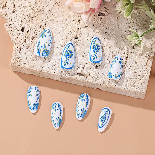 Floral Dream Long Almond Press On Nail Set White with Blue Rose Design Perfect for Elegant Looks