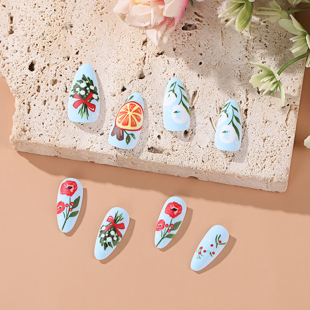 Tropical Vibes Almond Shaped Sky Blue Press On Long Nail Set with Floral and Citrus Designs