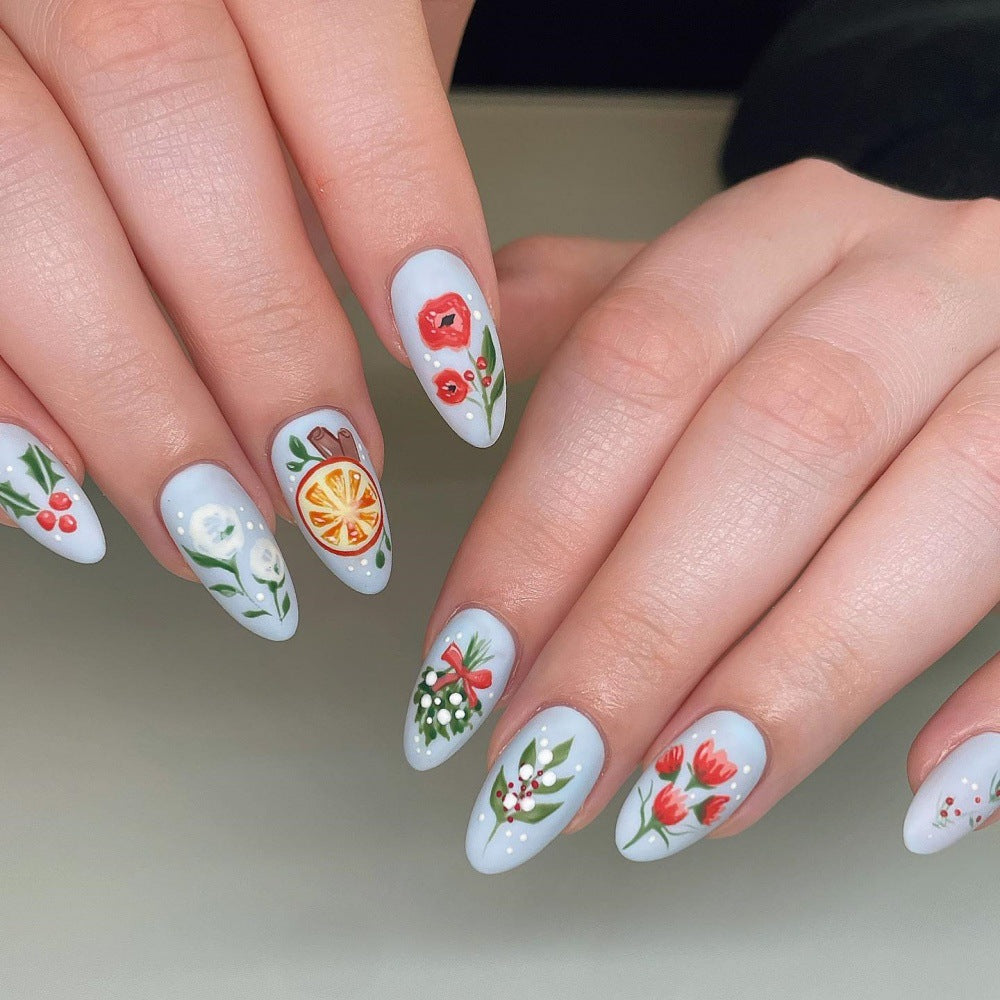 Garden Fresh Long Almond Blue Floral Press On Nail Set with Hand Painted Designs