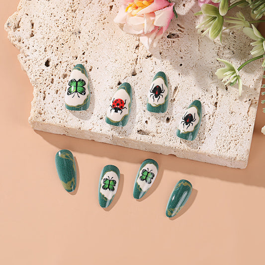 Whimsical Garden Green Almond Press On Nail Set Long Unique Insect Art