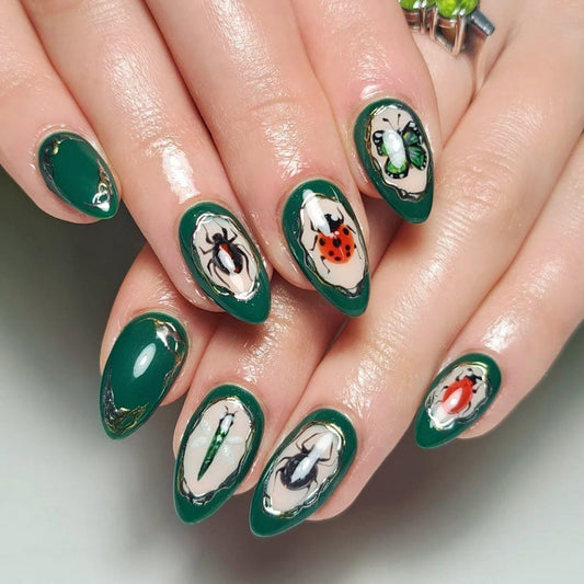 Garden Delight Long Almond Dark Green Press On Nail Set with Intricate Insect Designs