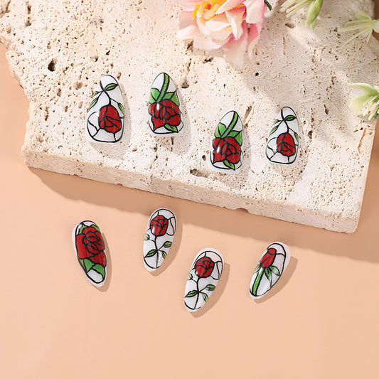 Rose Garden Elegance Medium Almond Shaped White and Red Floral Press on Nail Set with Intricate Detailing