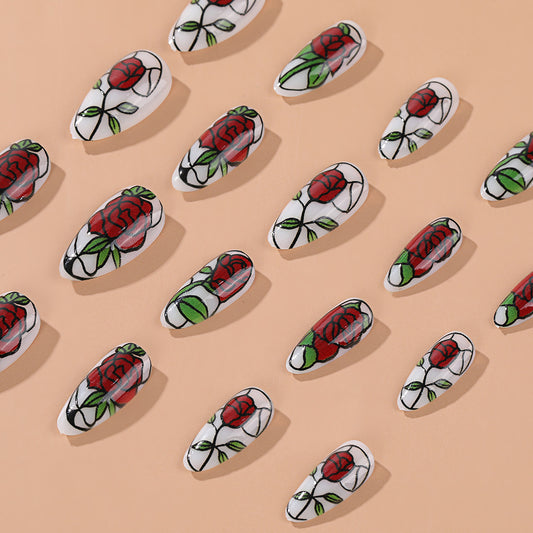 Romantic Blooming Rose Medium Almond Shaped White Red and Green Floral Press on Nail Set