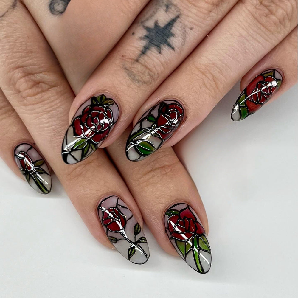 Enchanting Garden Medium Oval Shaped Deep Red and Green Press On Nail Set with Elegant Floral Design