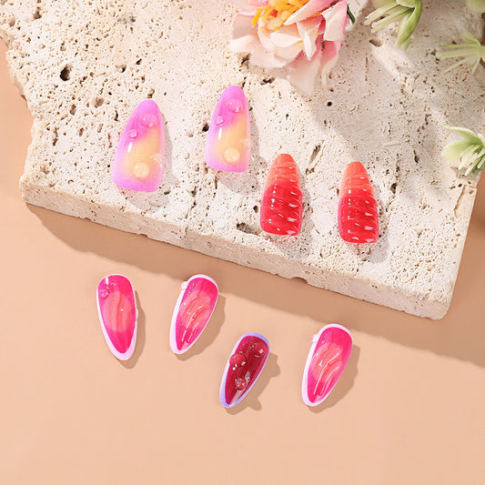 Fruity Delight Long Almond Pink Ombre Press On Nail Set with Unique Gem Accents