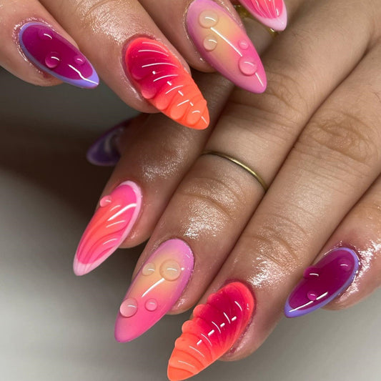 Tropical Sunset Long Almond Press On Nail Set in Ombre Pink Purple Orange with Raindrop Design