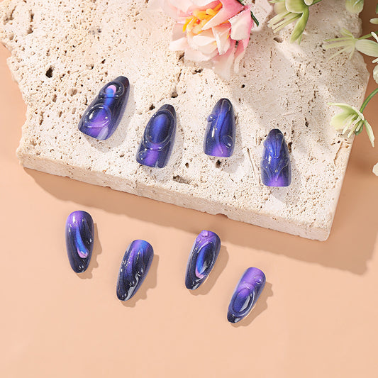 Cosmic Dreams Press On Nail Set Long Stiletto Shape Deep Purple with Stunning Marble Finish