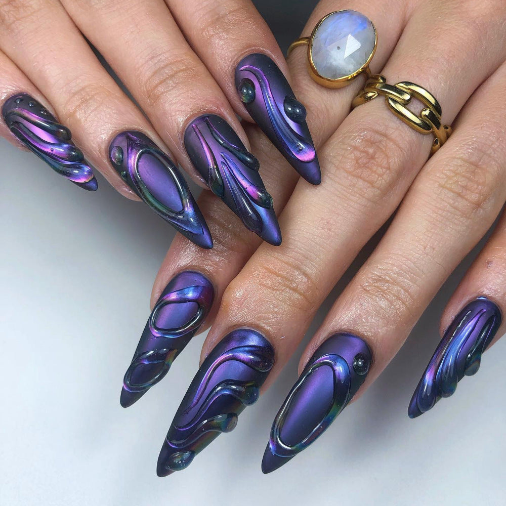 Cosmic Dreams Long Stiletto Press On Nail Set in Iridescent Purple with Unique 3D Wave Design