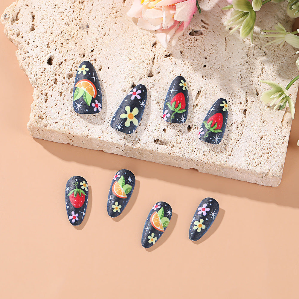 Tropical Vibes Long Almond Press On Nail Set Glossy Black Base with Colorful Fruit and Floral Designs