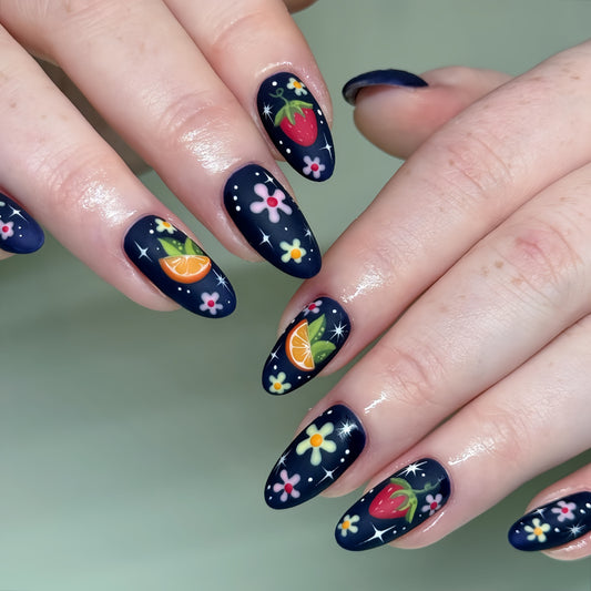 Fruit Fiesta Long Almond Shape Matte Navy Blue Press On Nail Set with Colorful Floral and Fruit Designs