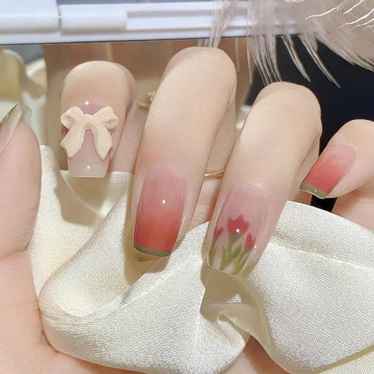 Spring Bloom Long Square Press On Nail Set with Ombre Pink Gradient and Floral Bow Design