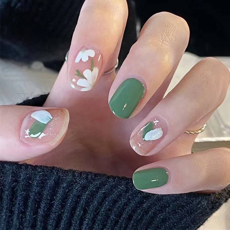 Floral Bliss Short Oval Green and White Press On Nail Set with Artistic Flower Designs