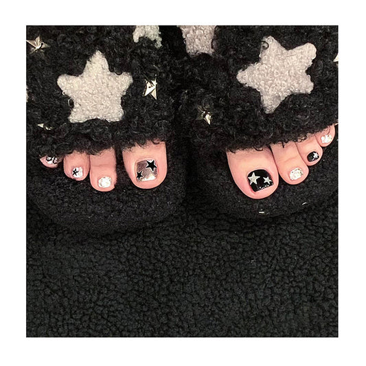 Starry Night Cozy Press On Nail Set Short Square Black and White with Glittery Accent Stars