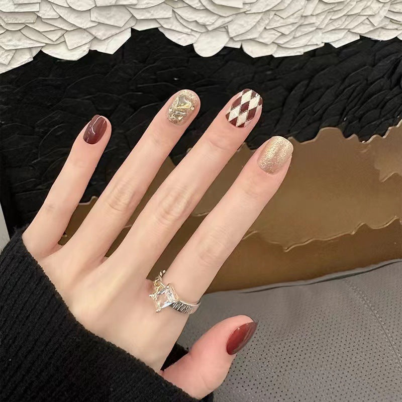 Chic Elegant Press On Nail Set Short Square Burgundy Gold Glitter and Unique Checkerboard Accent Design