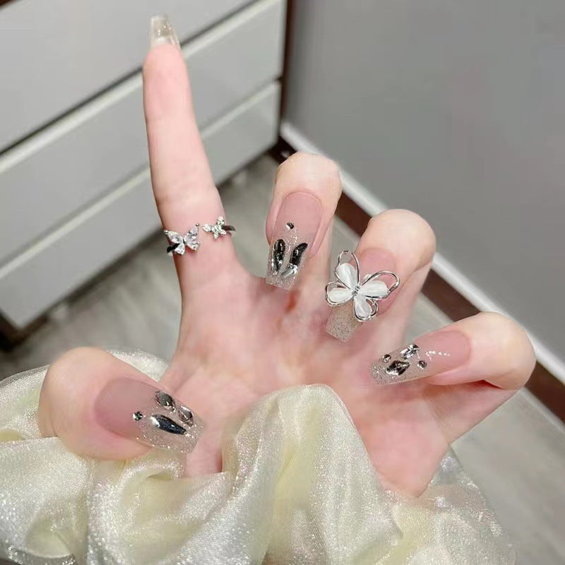 Enchanted Garden Long Coffin Crystal Clear Press On Nail Set with Butterfly and Floral Accents