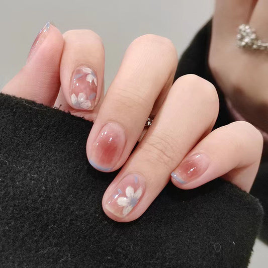 Blooming Cherry Blossom Oval Press On Nail Set Short Transparent Pink with Floral Design