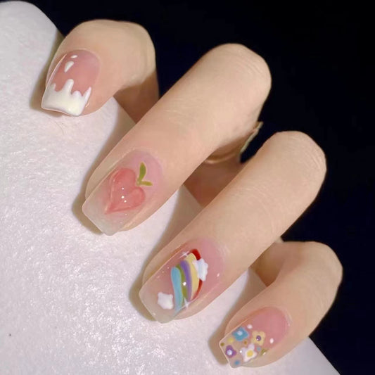 Whimsical Garden Long Square Pink Floral and Rainbow Press On Nail Set