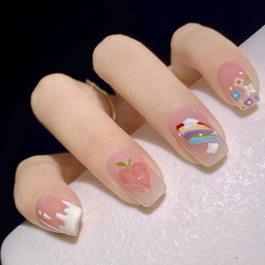 Whimsical Garden Press On Nail Set Long Square Pink with Cute Fruit and Rainbow Designs