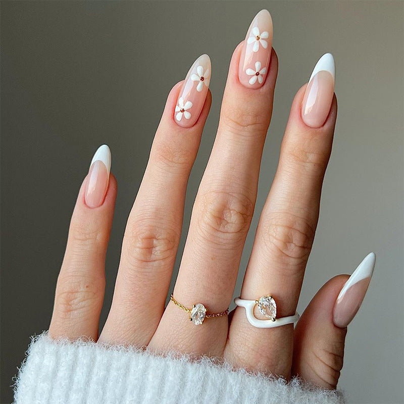 Elegant Floral Dreams Extra Long Almond Shape Pink and White Press On Nail Set with Charming White Flower Accents