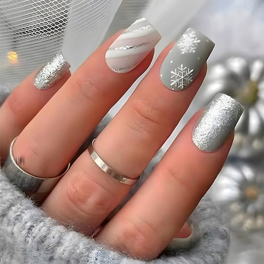 Winter Wonderland Long Square Silver and Grey Press On Nail Set with Glitter and Snowflake Designs