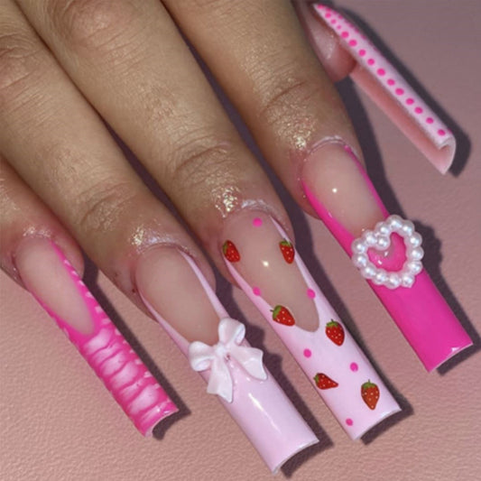 Sweet Strawberry Dream Long Coffin Pink Press On Nail Set with 3D Bow and Heart Charm Decor