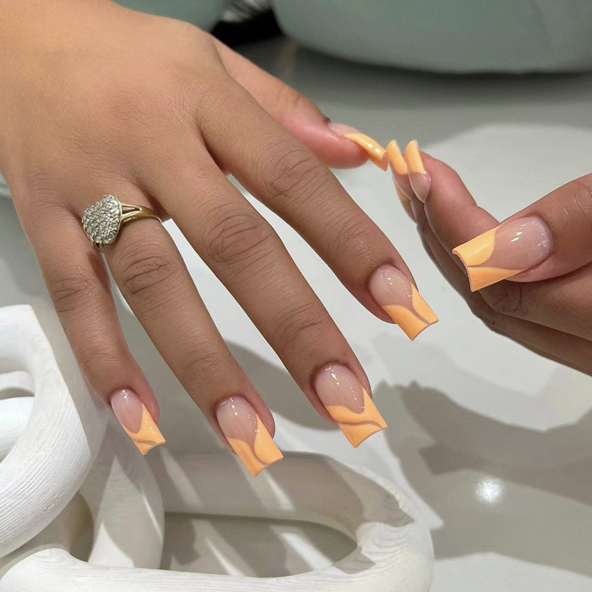 Sunset Glow Extra Long Square Press On Nails in Sheer Beige with Peach French Tips and Flame Design