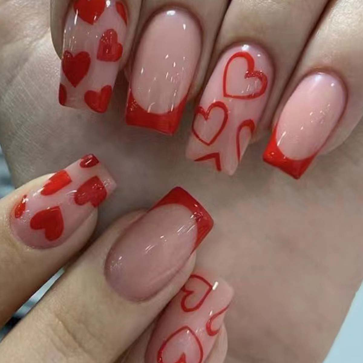 Valentine's Day Glam Long Square Red and Pink Press On Nail Set with Heart Designs