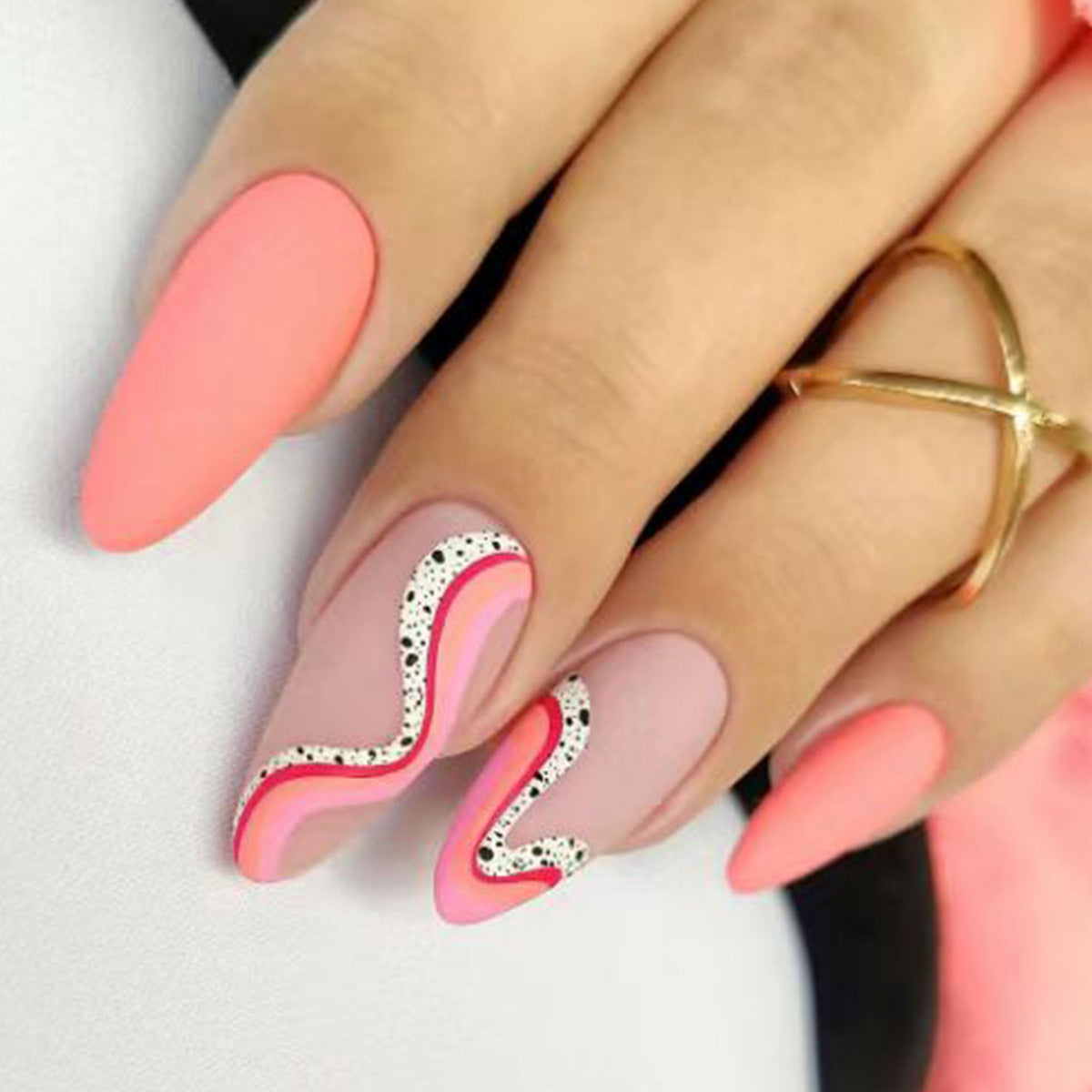 Tropical Wave Long Almond Shaped Coral and Pink Press On Nail Set with Glitter Accent Design