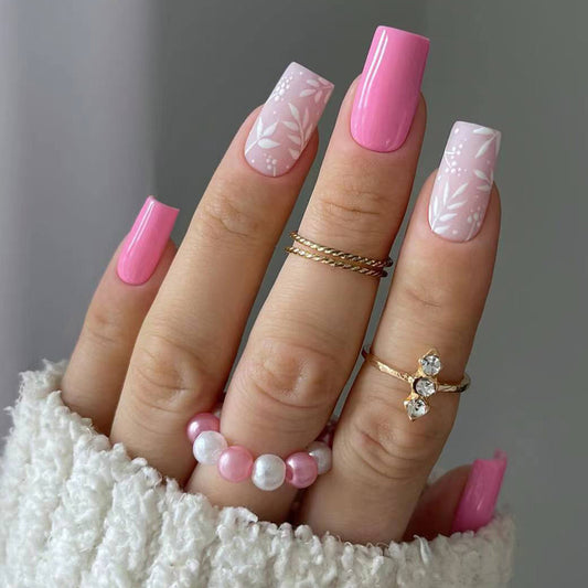 Spring Elegance Medium Square Soft Pink and Floral Accent Press On Nails