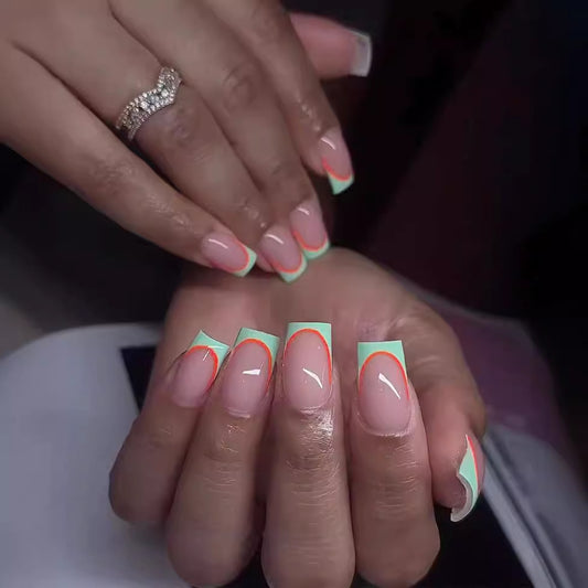 Tropical Sunset Medium Square Coral French Tip Press On Nail Set with Neon Green Accents