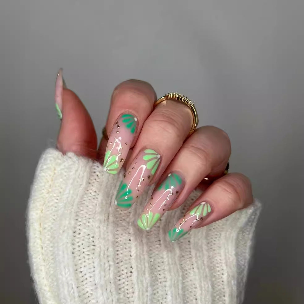 Spring Fling Extra Long Coffin Pastel Green Abstract Art Press On Nails