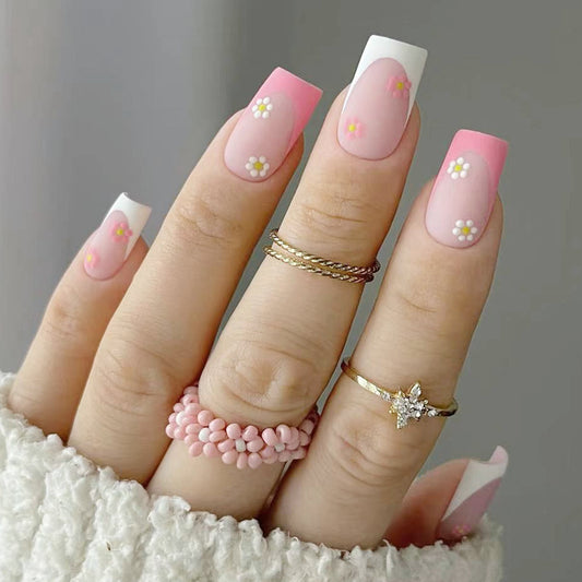 Spring Fling Long Square Press On Nails in Soft Pink with White Tips and Delicate Daisy Accents