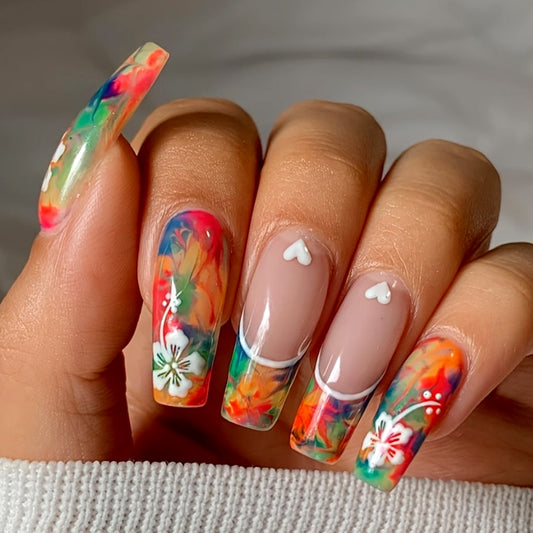 Tropical Escape Long Coffin Multicolor Watercolor Floral Press On Nail Set with Clear Accents