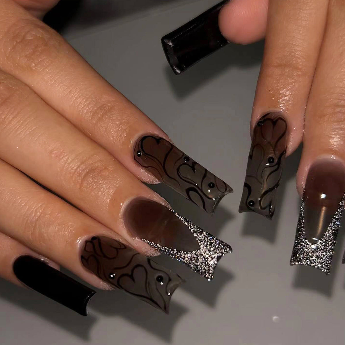 Midnight Elegance Long Square Brown Press On Nails with Swarovski Crystal Accents