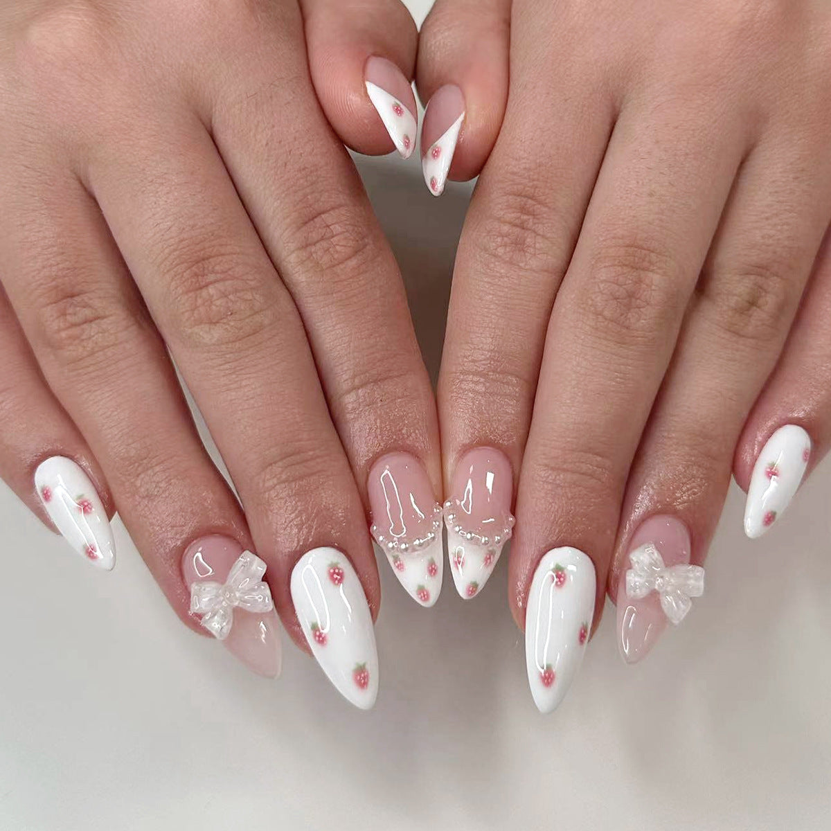 Enchanted Bridal Collection Long Almond White Press On Nail Set with Floral Accents and Rhinestone Embellishments