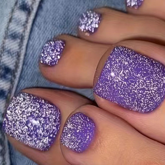 Starry Night Short Square Purple Press On Nail Set with Glitter Overlay