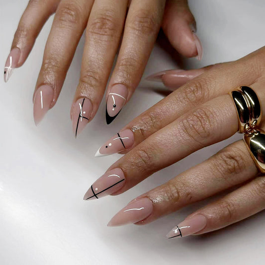 Elegant Geometric Charm Long Stiletto Beige Black Line Art Press on Nails Set