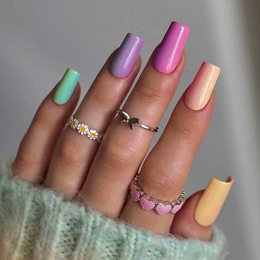 Springtime Splendor Long Square Pastel Ombre Press On Nail Set with Matte Finish