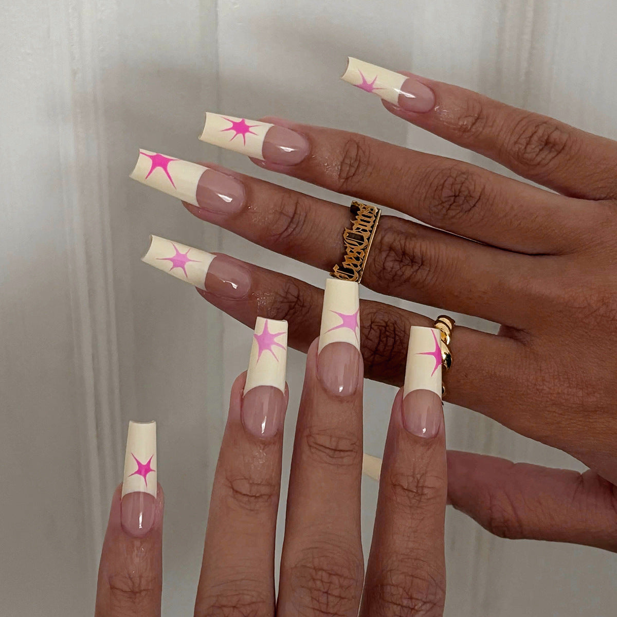 Cosmic Charm Long Coffin Beige Pink Press On Nails with Bright Star Accents