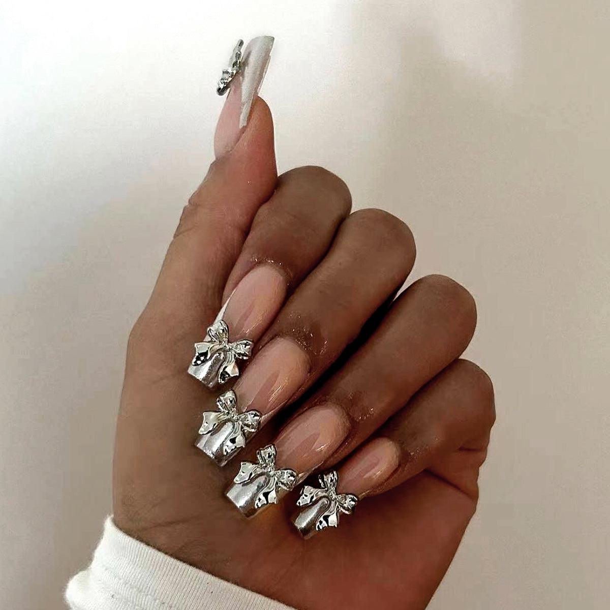 Winter Wonderland Extra Long Square Clear Press On Nail Set with Silver Bows